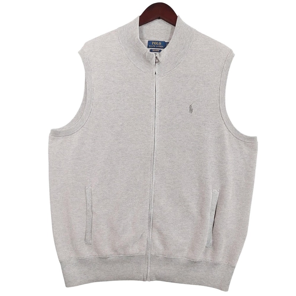 Polo Ralph Lauren Vest Mens Big 2X Gray Pima Cotton Knit Full Zip Pockets